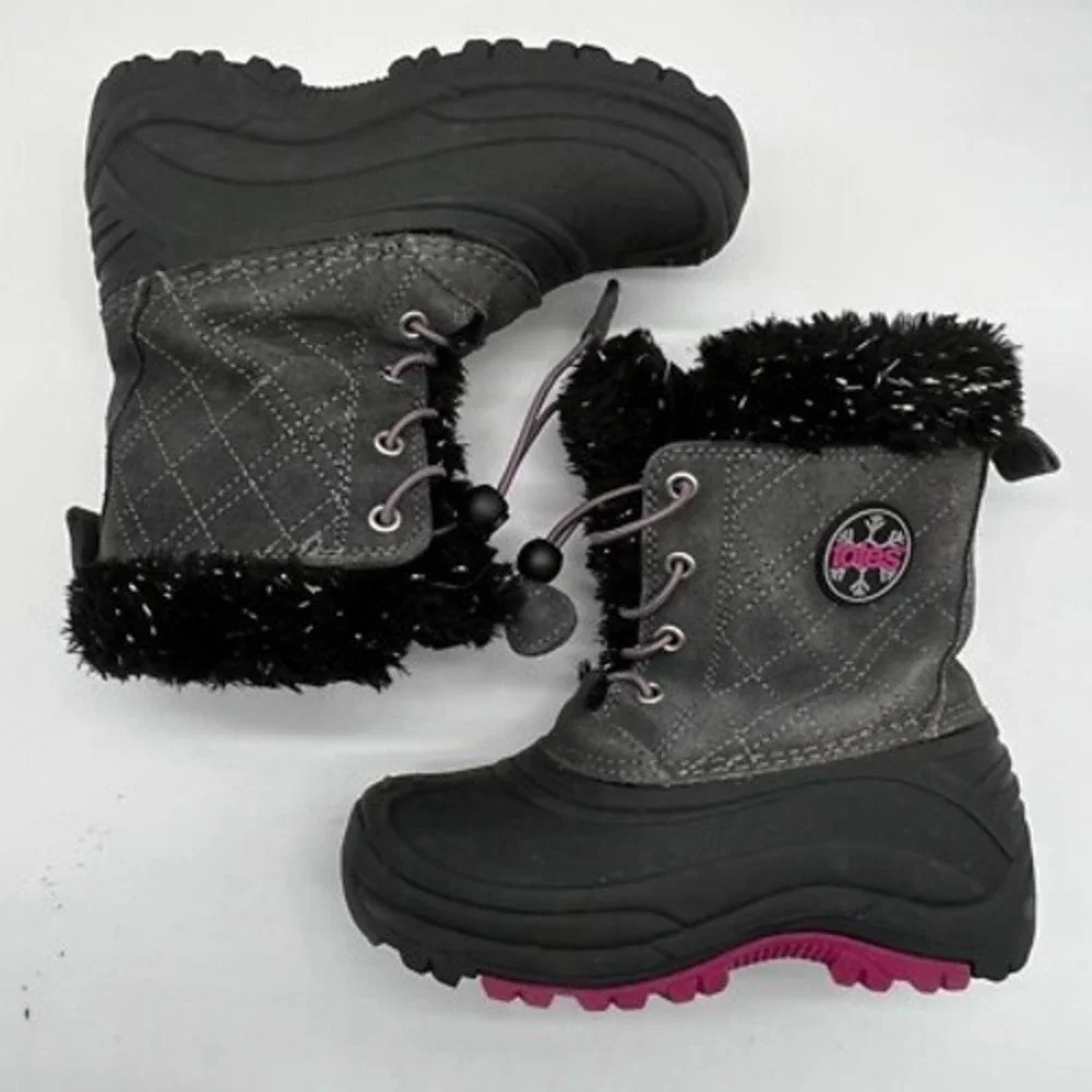 Totes Harper Mid Girls Waterproof Winter Boots Grey Pink Faux Fur Size 13 NEW